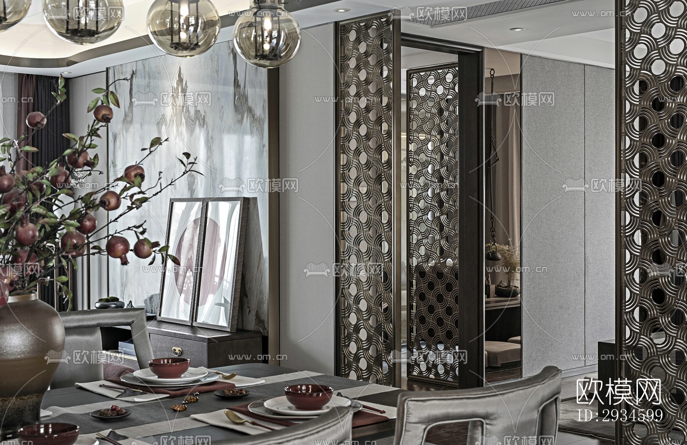 新中式平层效果图下载（渲染图4）