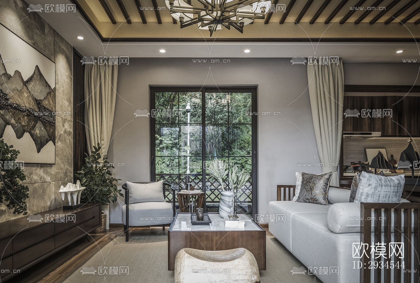 新中式平层效果图下载（渲染图12）