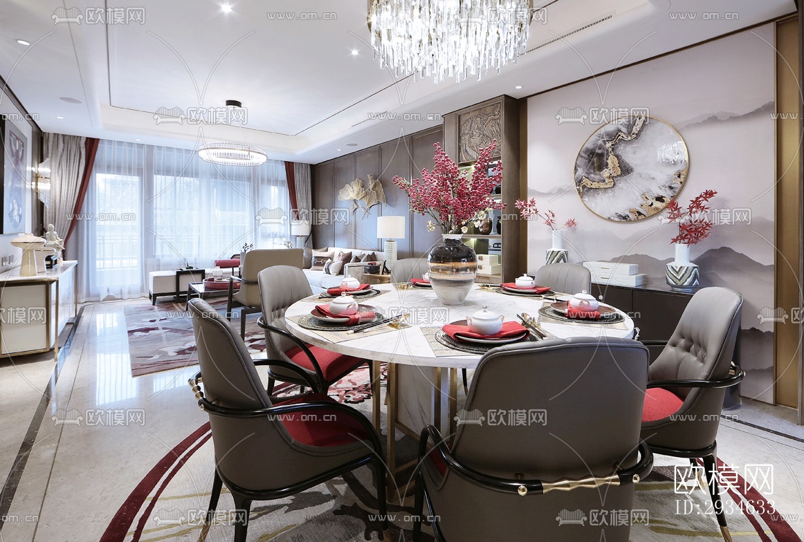 新中式平层效果图下载（渲染图9）