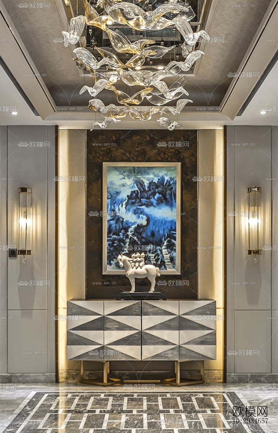 新中式平层效果图下载（渲染图2）