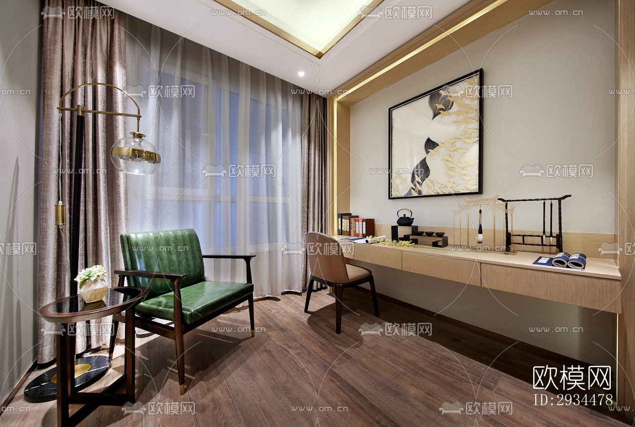 新中式平层效果图下载（渲染图12）