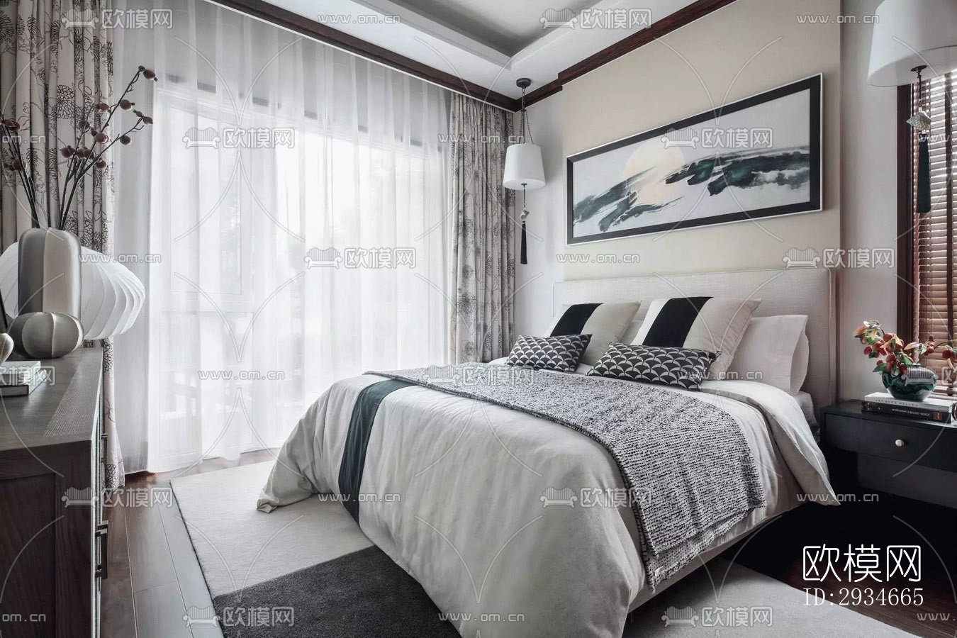 新中式平层效果图下载（渲染图14）