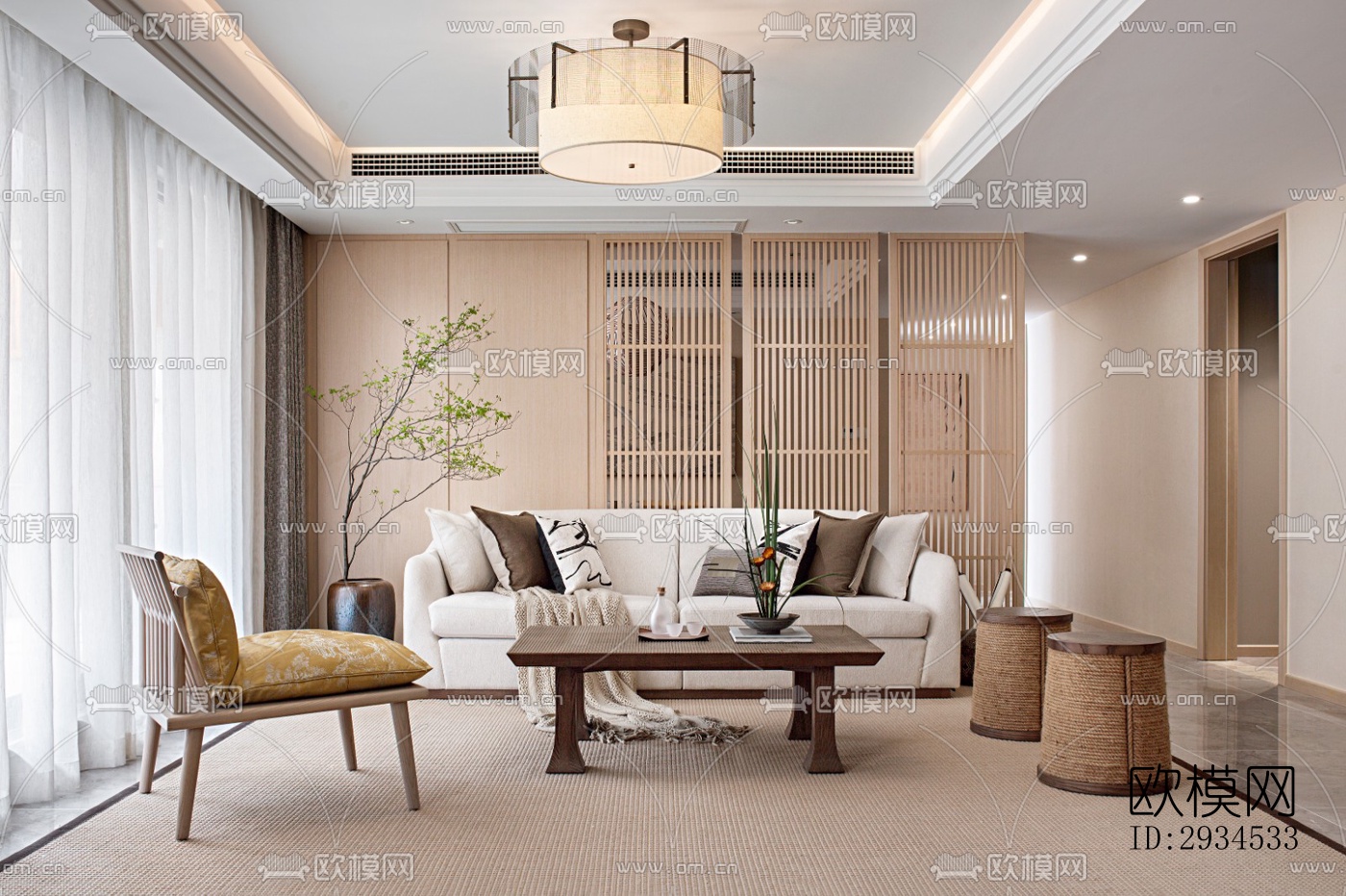 新中式平层效果图下载（渲染图1）