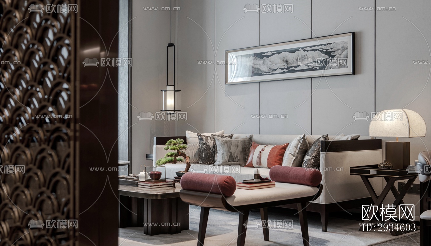 新中式平层效果图下载（渲染图4）