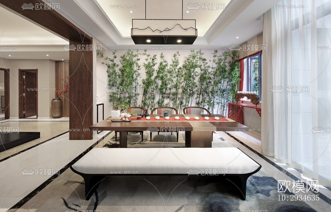 新中式平层效果图下载（渲染图11）