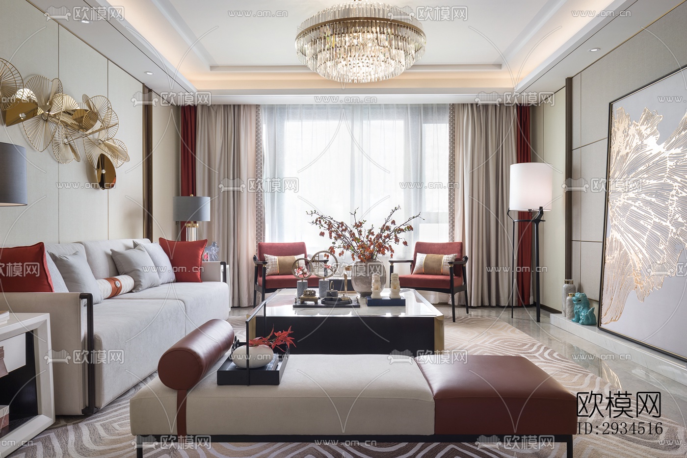 新中式平层效果图下载（渲染图18）