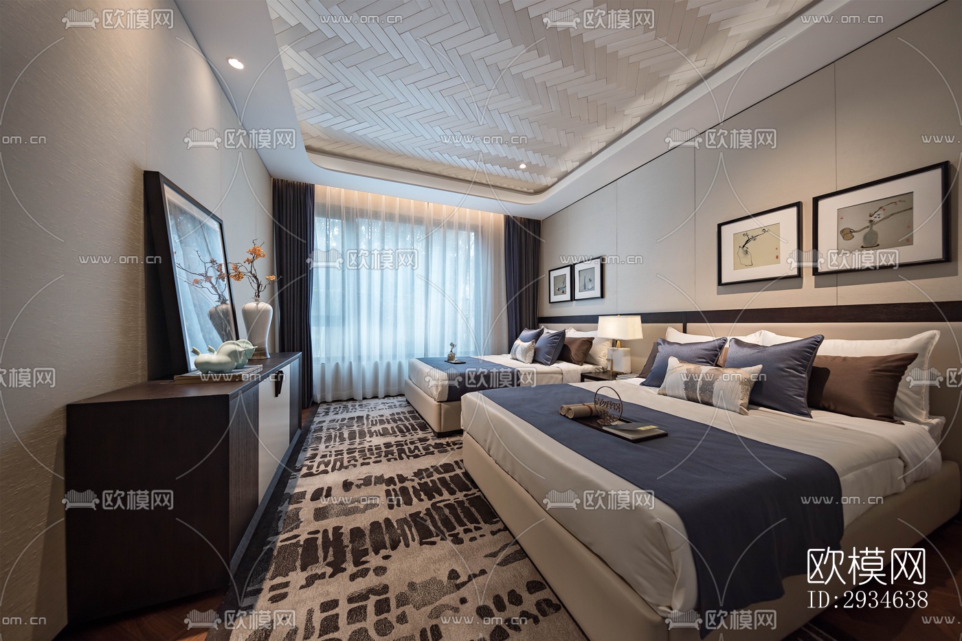 新中式平层效果图下载（渲染图6）