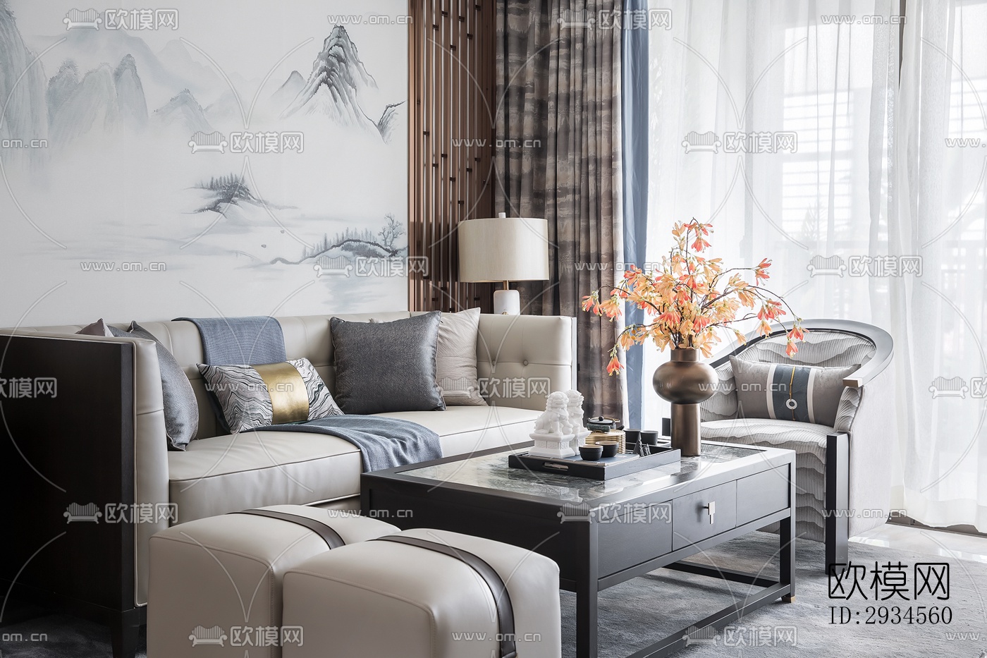 新中式平层效果图下载（渲染图2）