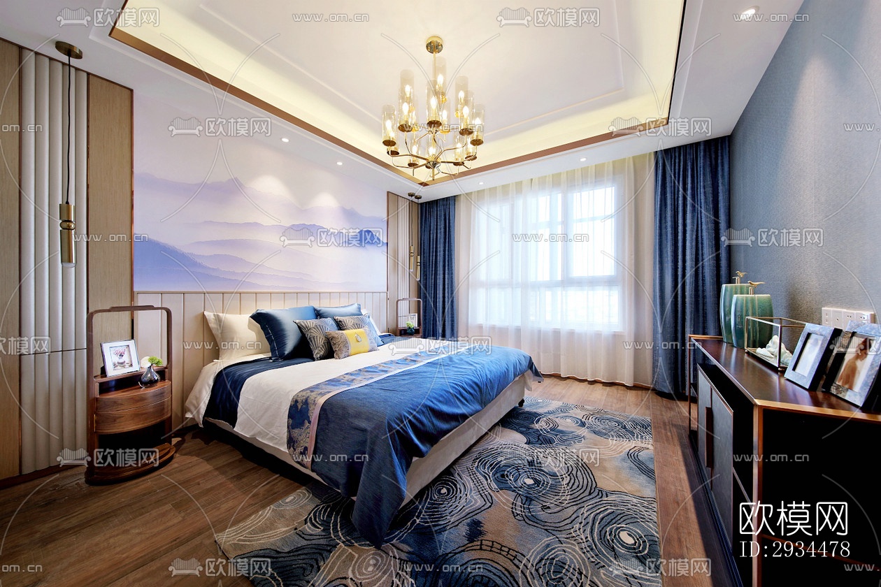 新中式平层效果图下载（渲染图2）