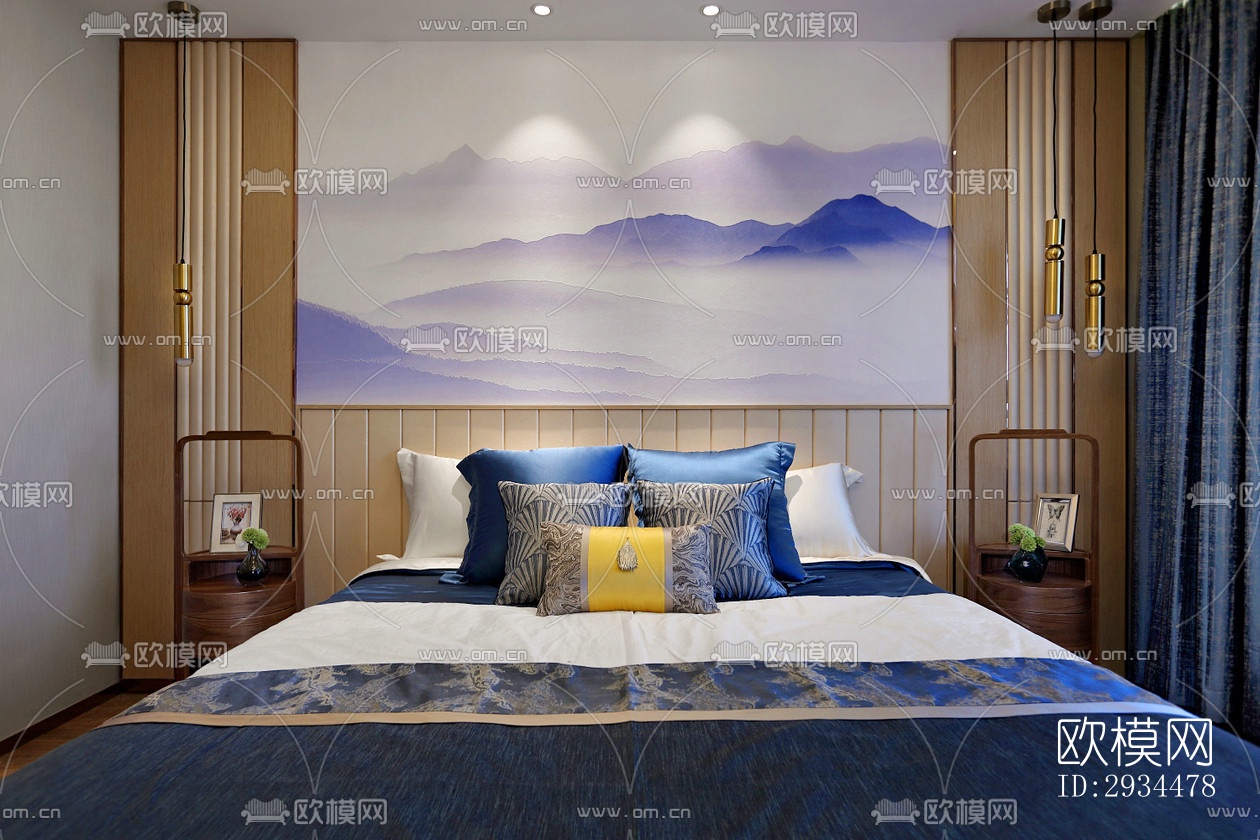 新中式平层效果图下载（渲染图1）