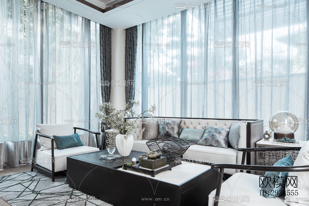 新中式平层效果图下载（渲染图1）