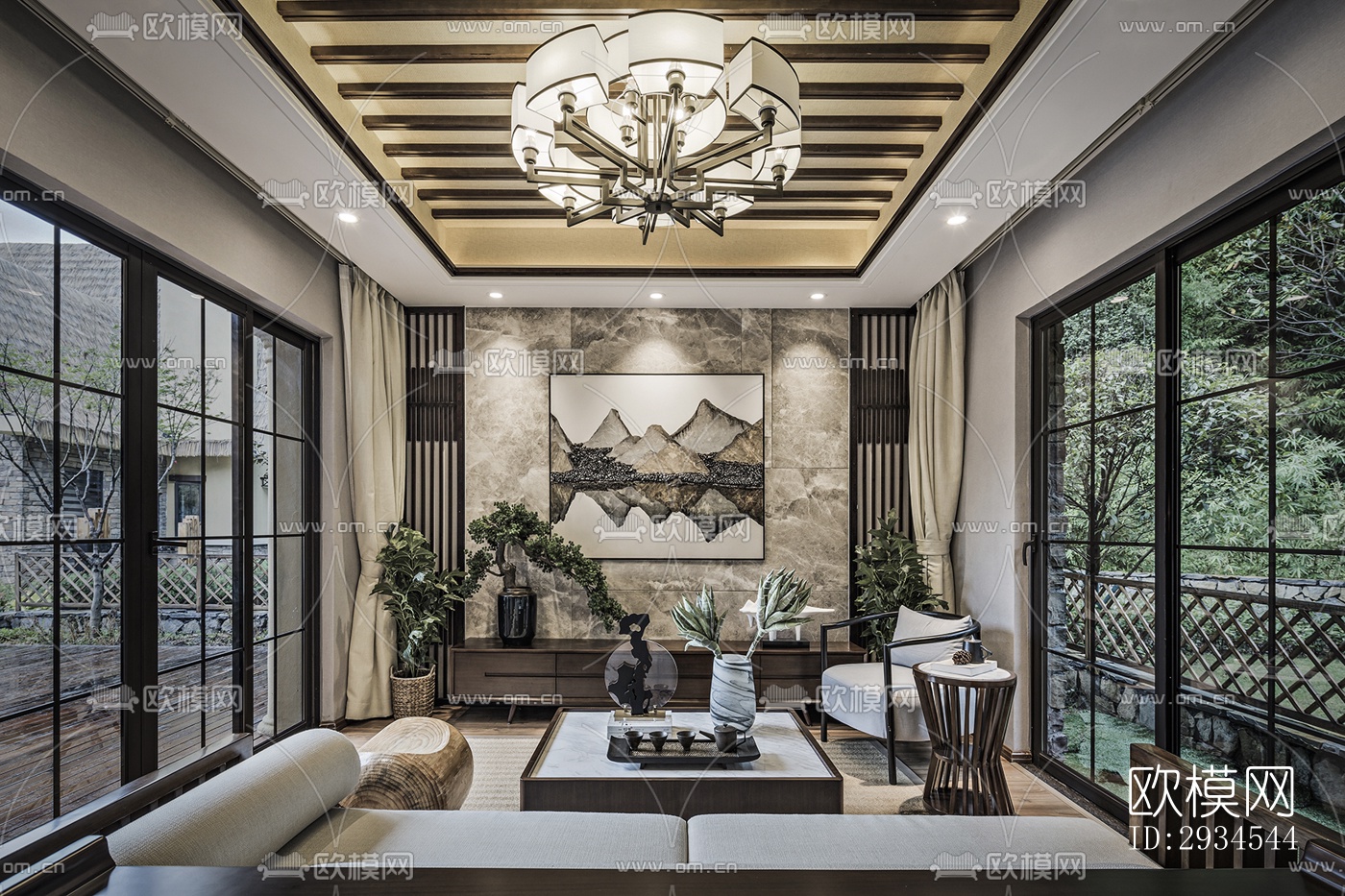 新中式平层效果图下载（渲染图4）