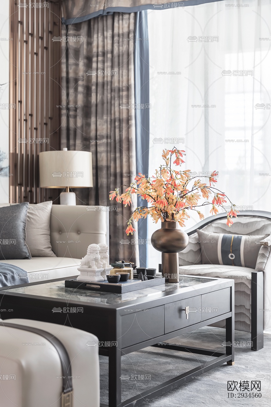 新中式平层效果图下载（渲染图7）