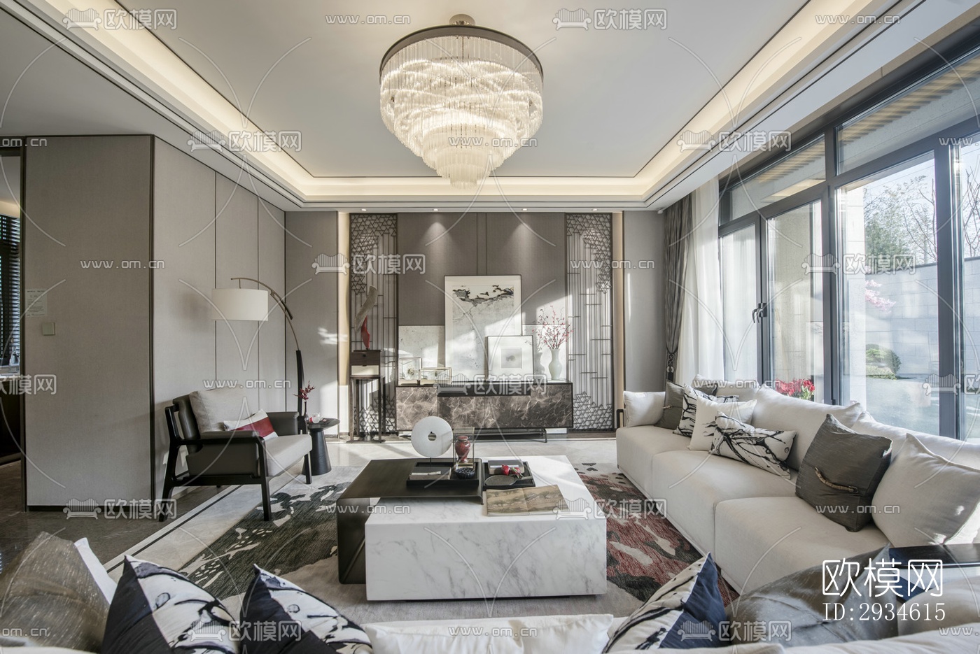 新中式平层效果图下载（渲染图1）