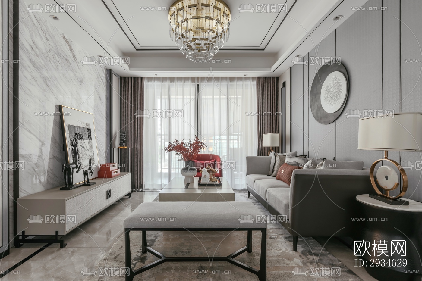 新中式平层效果图下载（渲染图1）