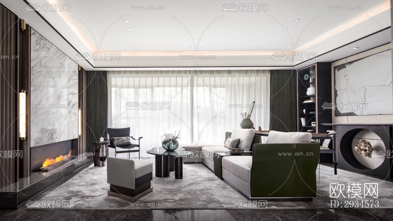 新中式平层效果图下载（渲染图1）