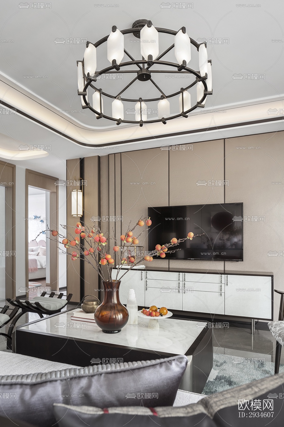 新中式平层效果图下载（渲染图5）