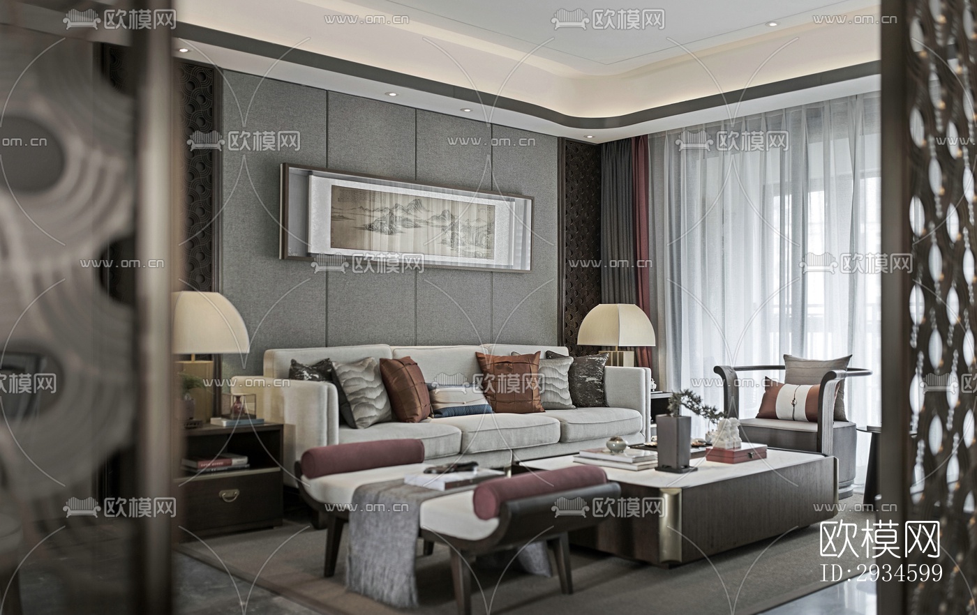 新中式平层效果图下载（渲染图14）