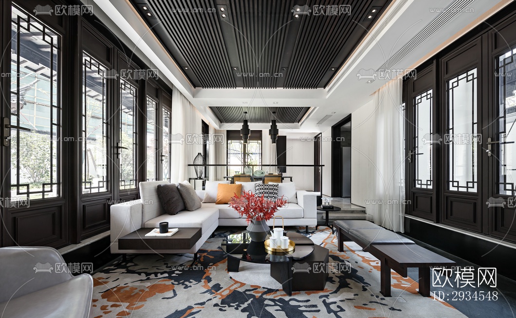 新中式平层效果图下载（渲染图5）