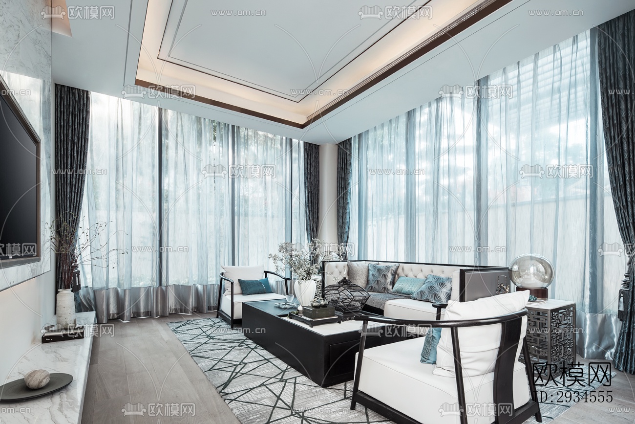 新中式平层效果图下载（渲染图2）