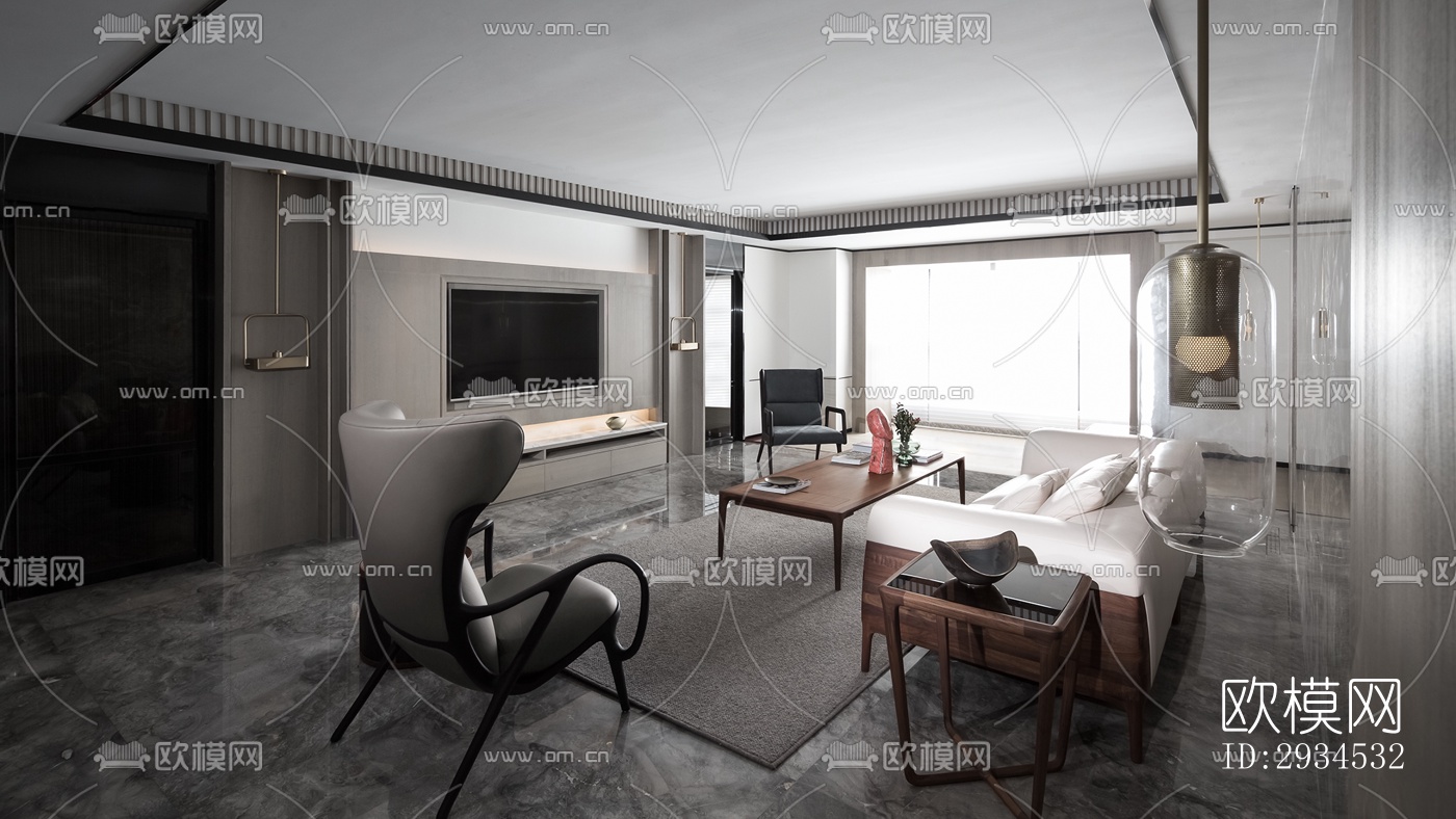 新中式平层效果图下载（渲染图3）