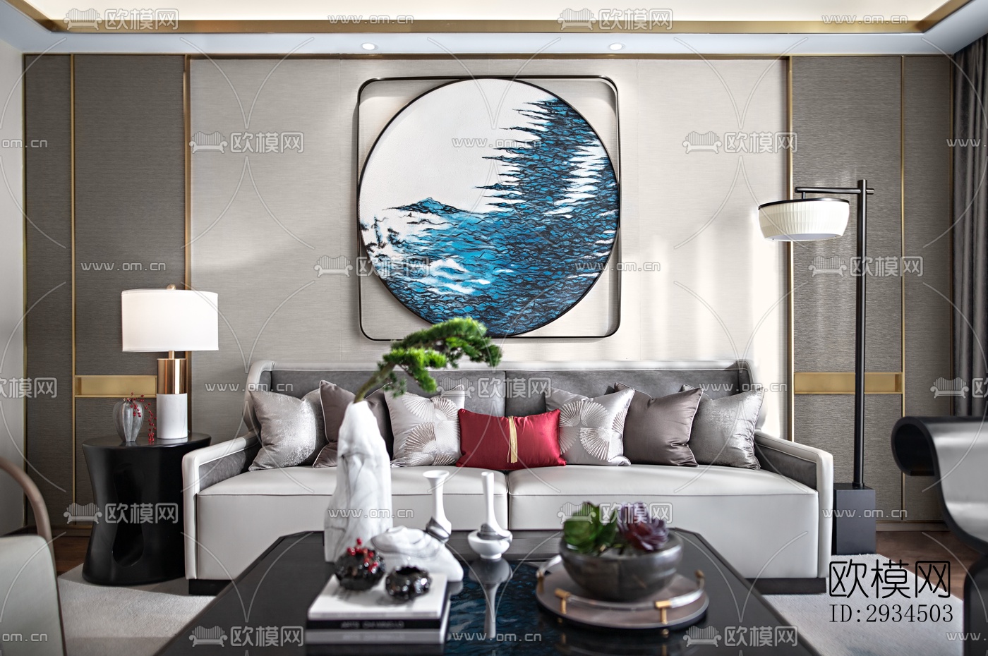 新中式平层效果图下载（渲染图1）