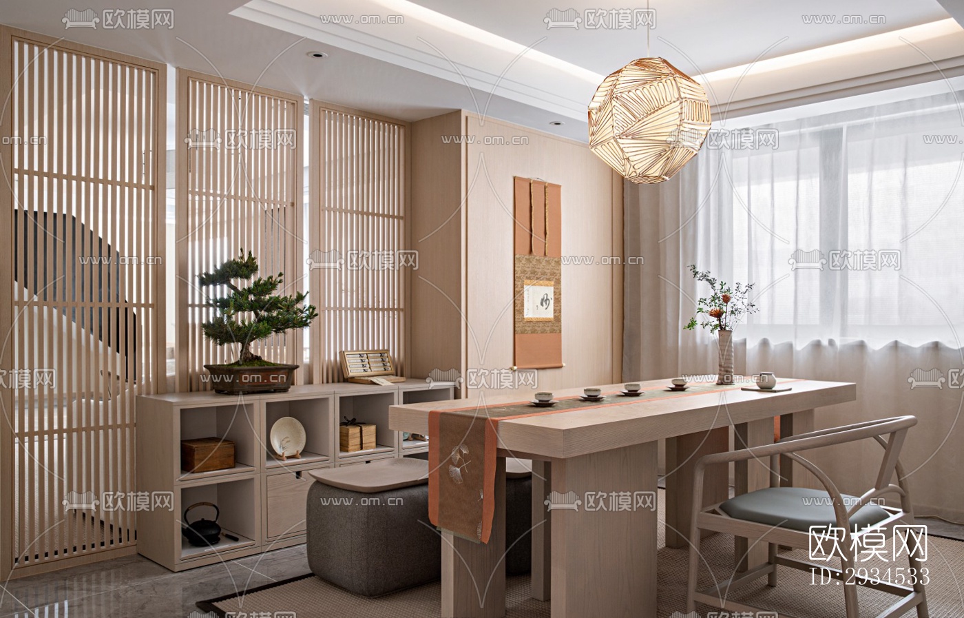 新中式平层效果图下载（渲染图4）