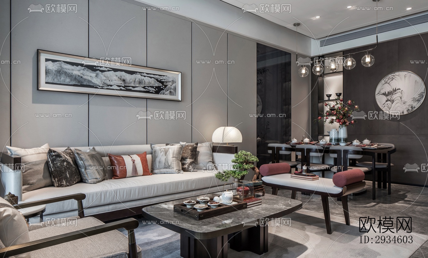 新中式平层效果图下载（渲染图8）