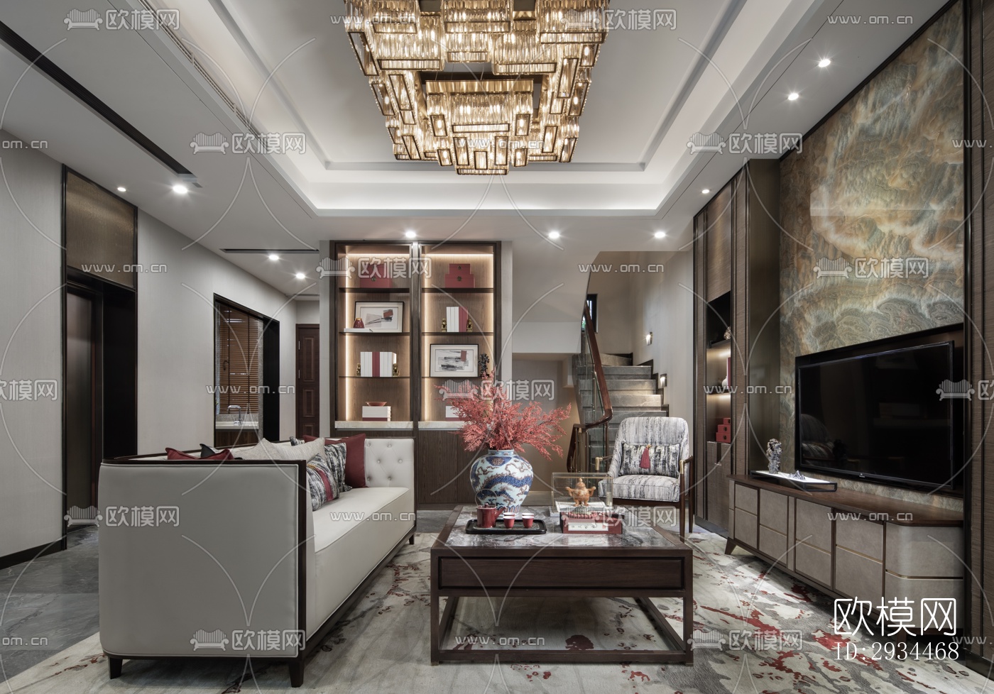 新中式平层效果图下载（渲染图11）