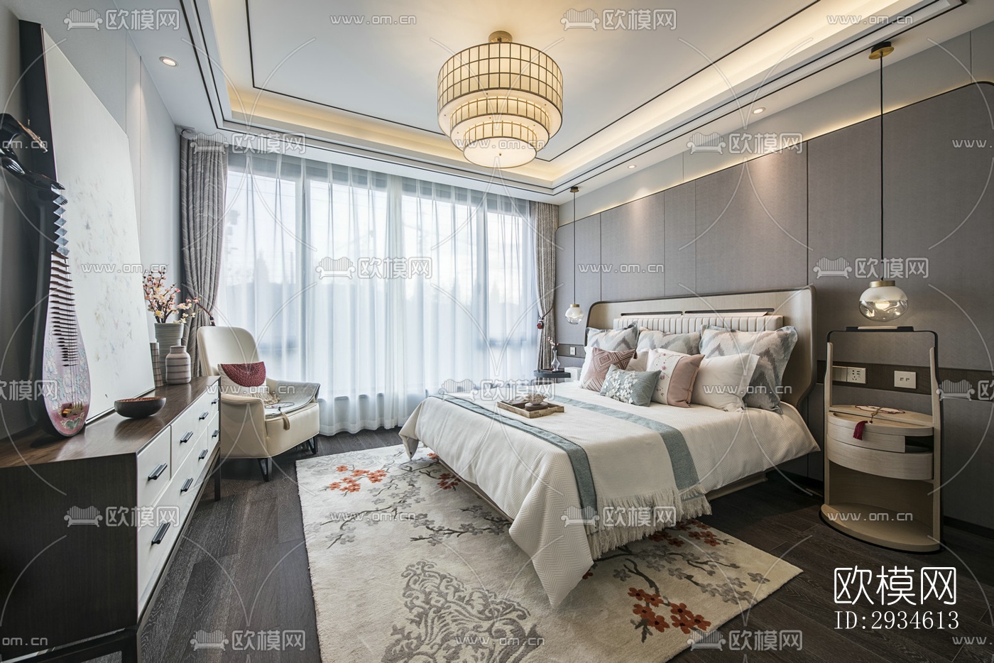 新中式平层效果图下载（渲染图2）