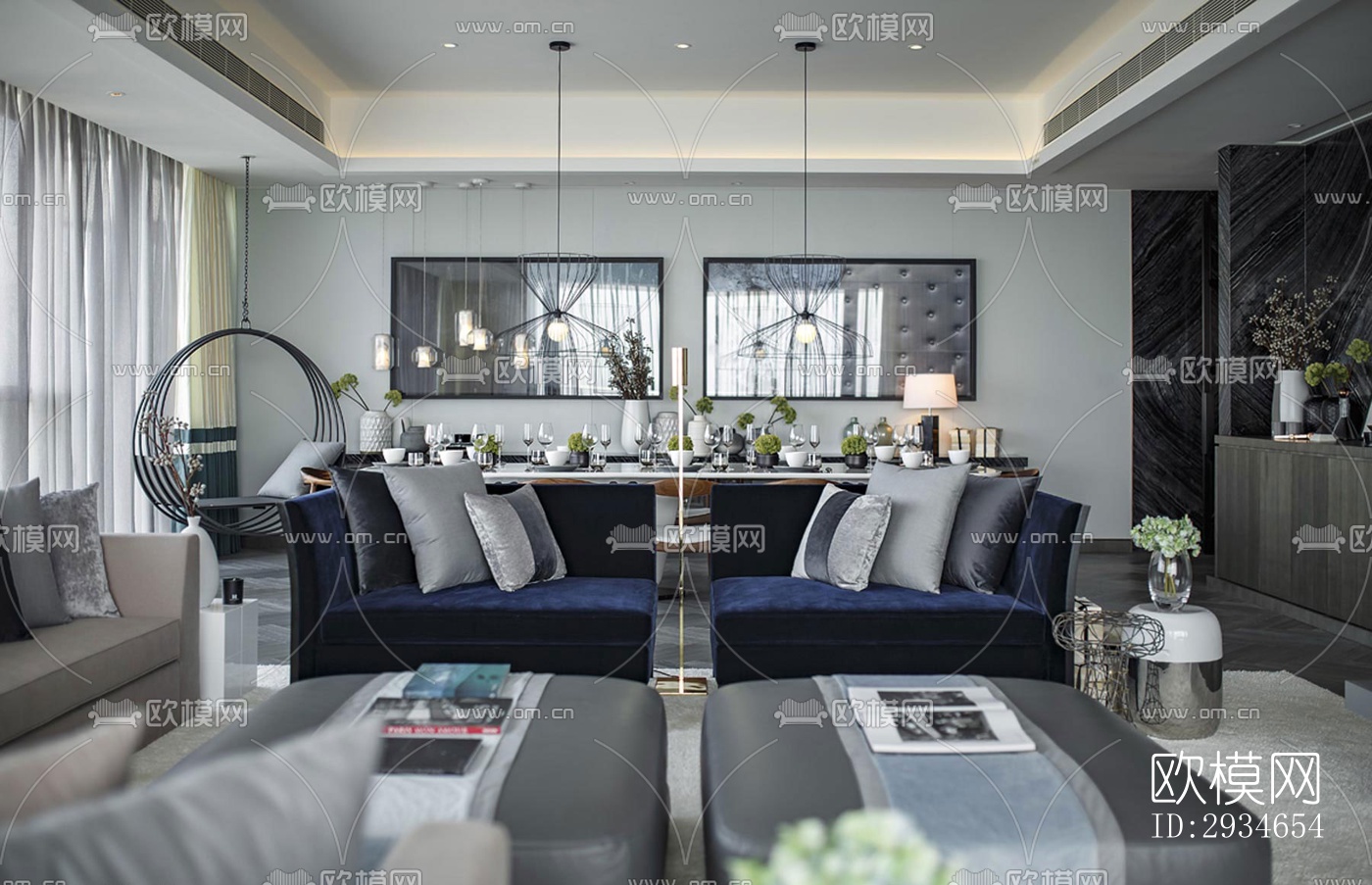 新中式平层效果图下载（渲染图2）