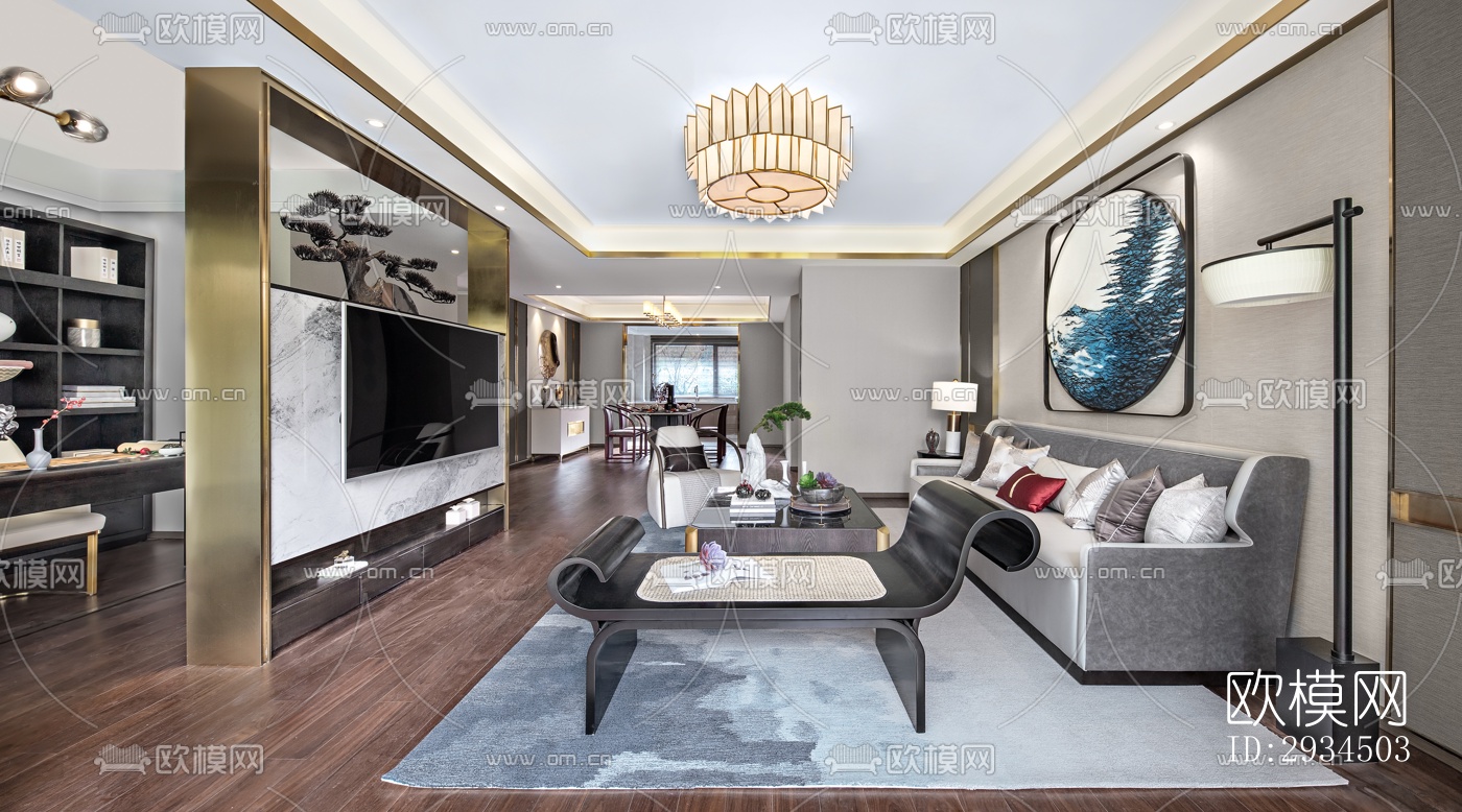 新中式平层效果图下载（渲染图2）