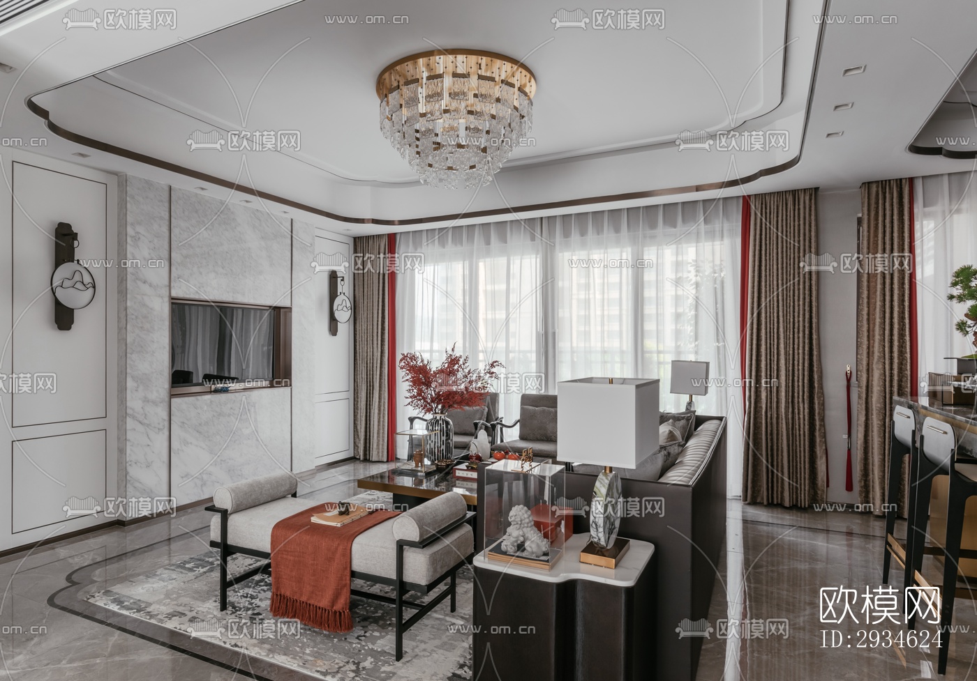 新中式平层效果图下载（渲染图5）