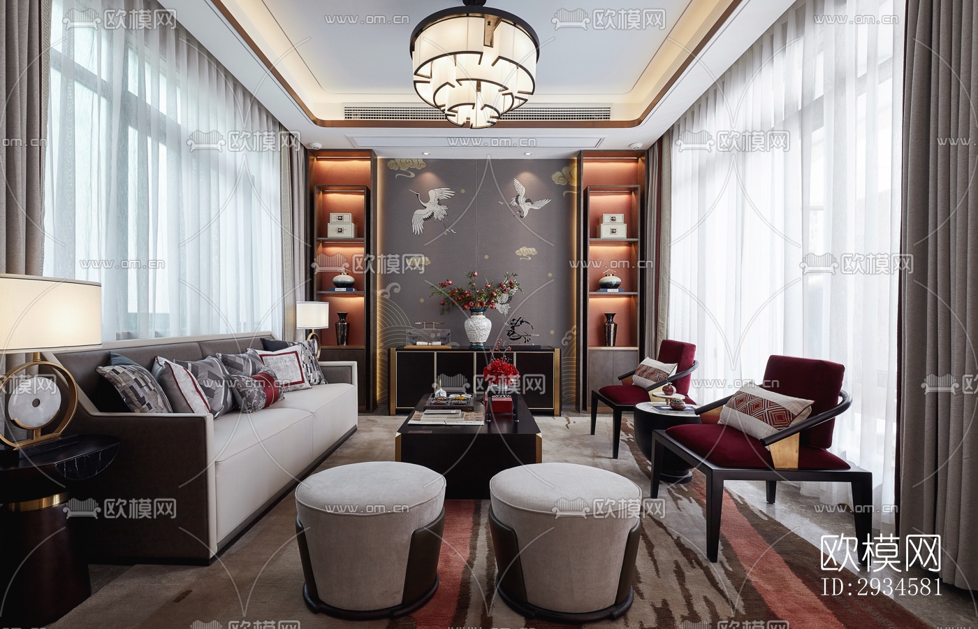 新中式平层效果图下载（渲染图6）