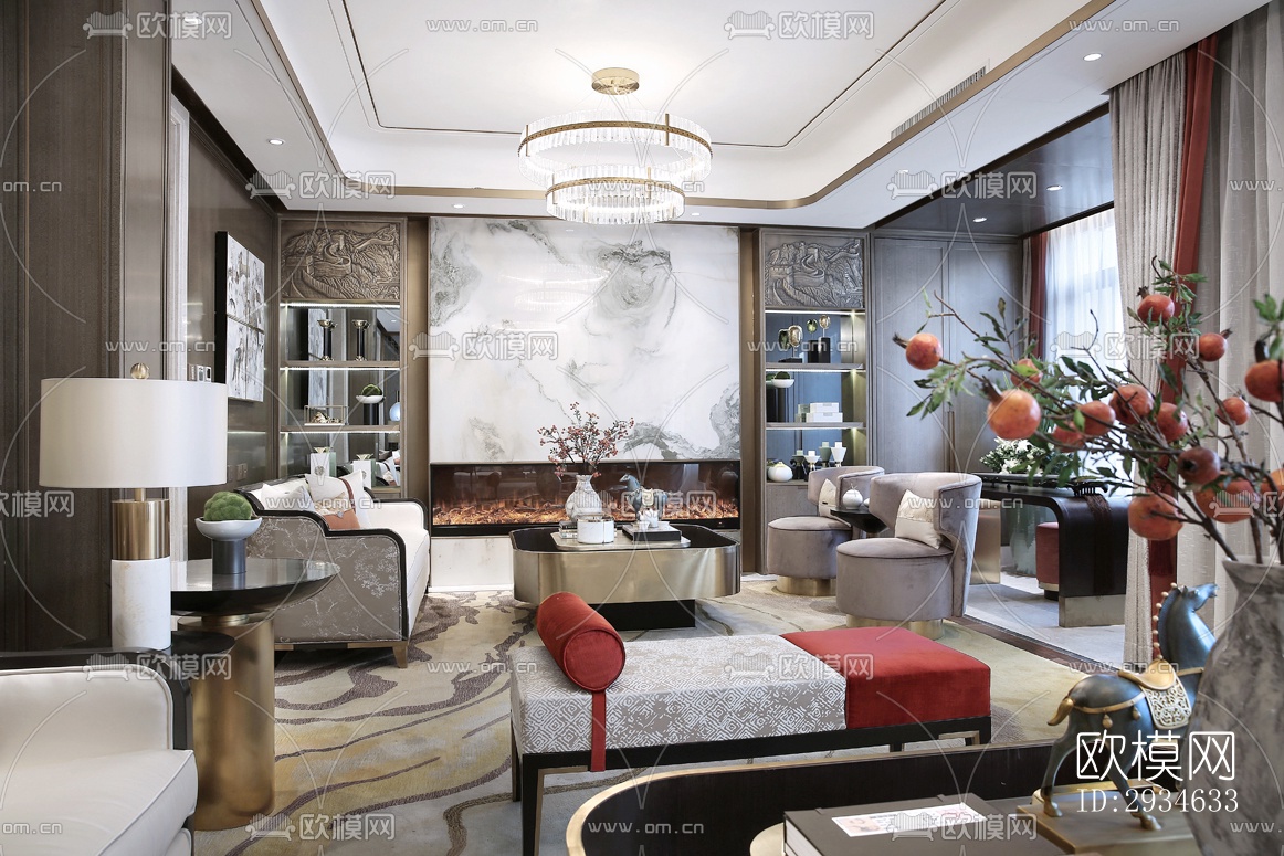 新中式平层效果图下载（渲染图4）