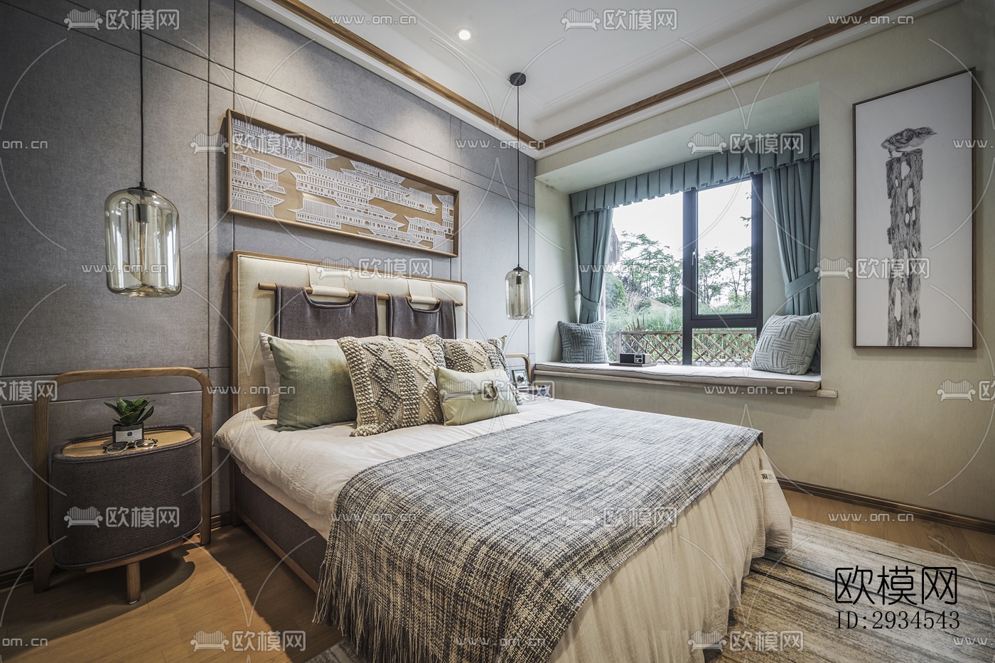 新中式平层效果图下载（渲染图12）