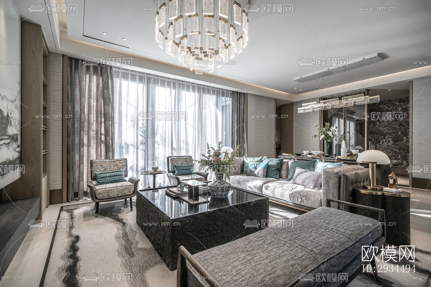 新中式平层效果图下载（渲染图12）