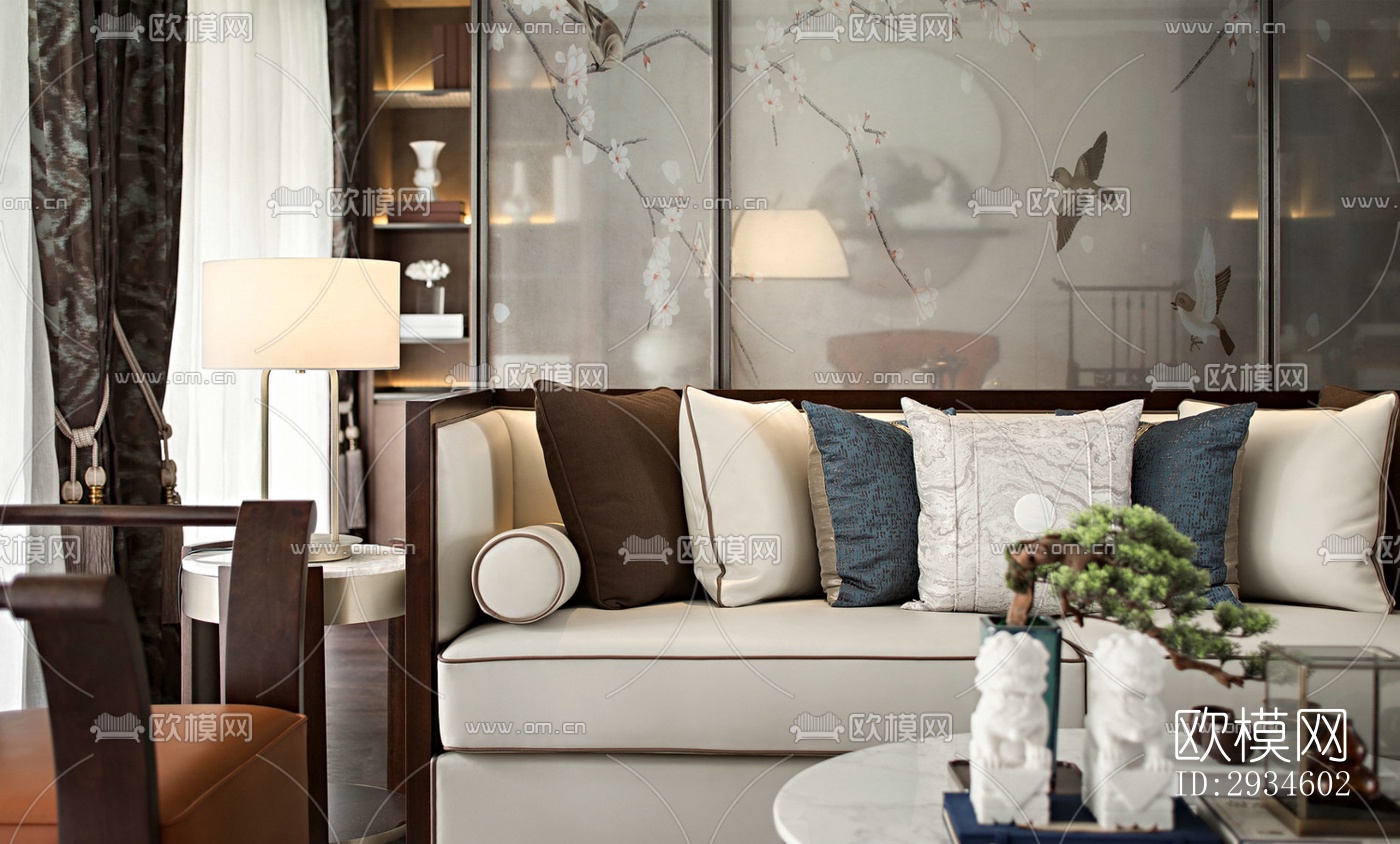 新中式平层效果图下载（渲染图3）