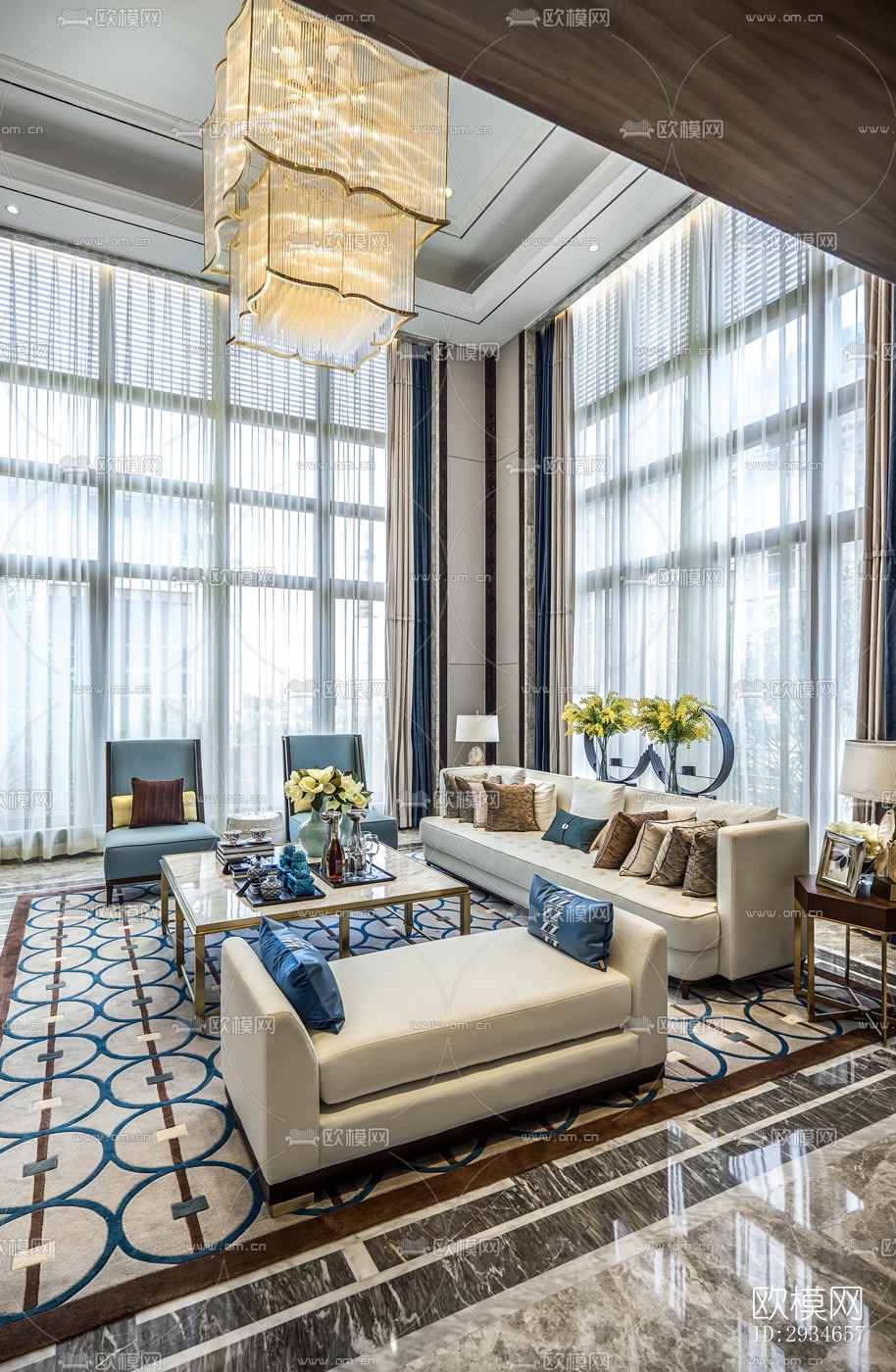 新中式平层效果图下载（渲染图3）