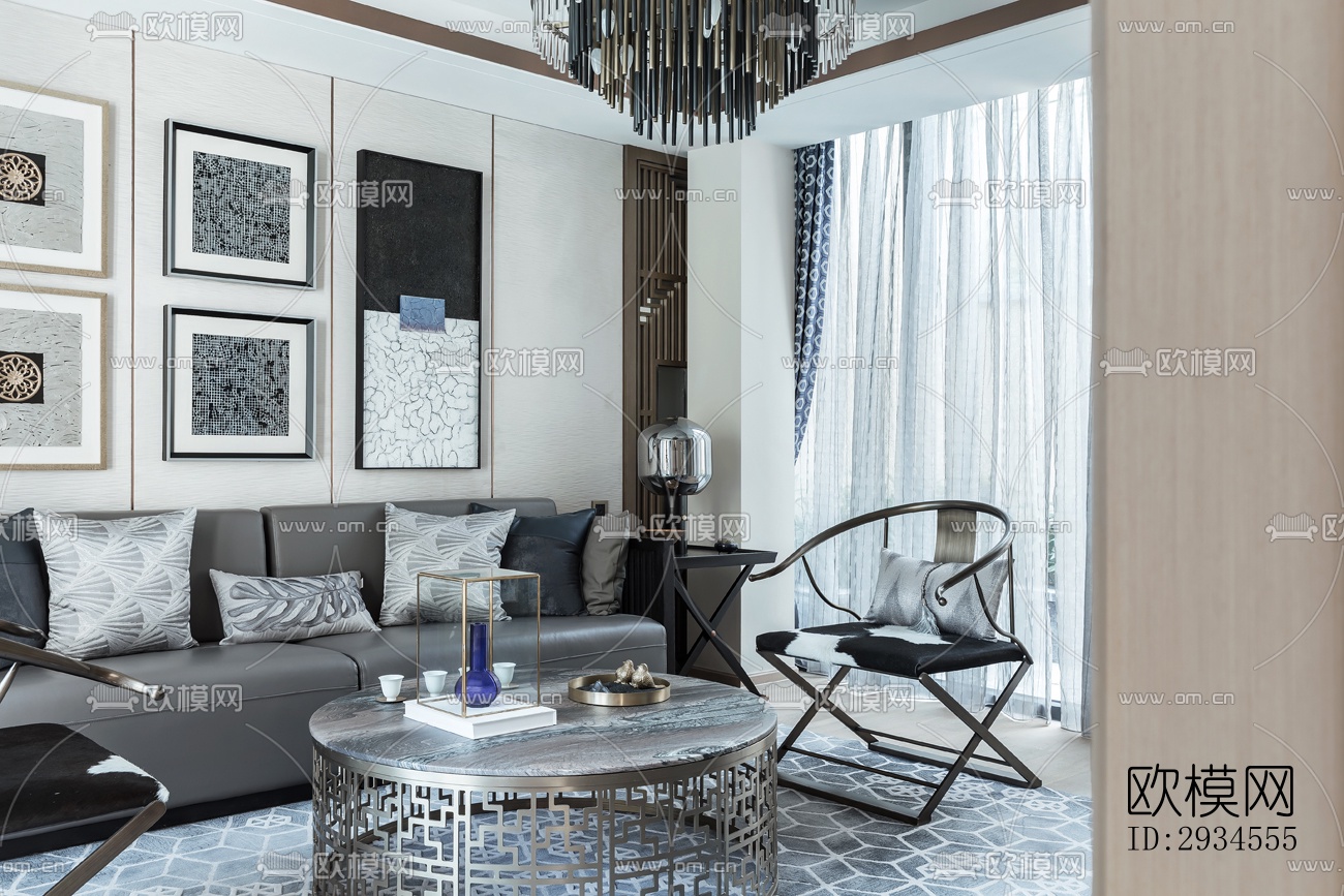 新中式平层效果图下载（渲染图11）