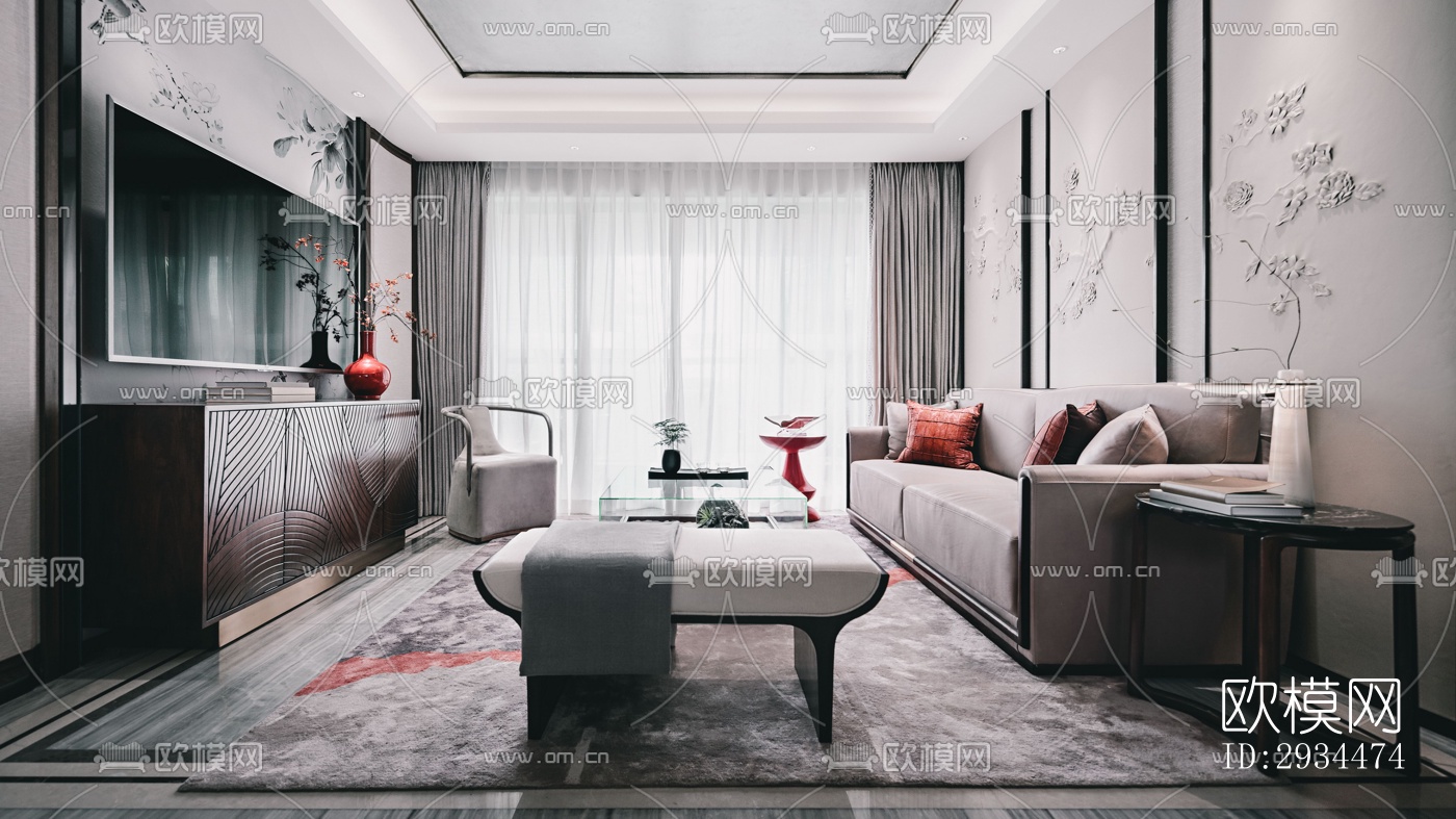 新中式平层效果图下载（渲染图13）