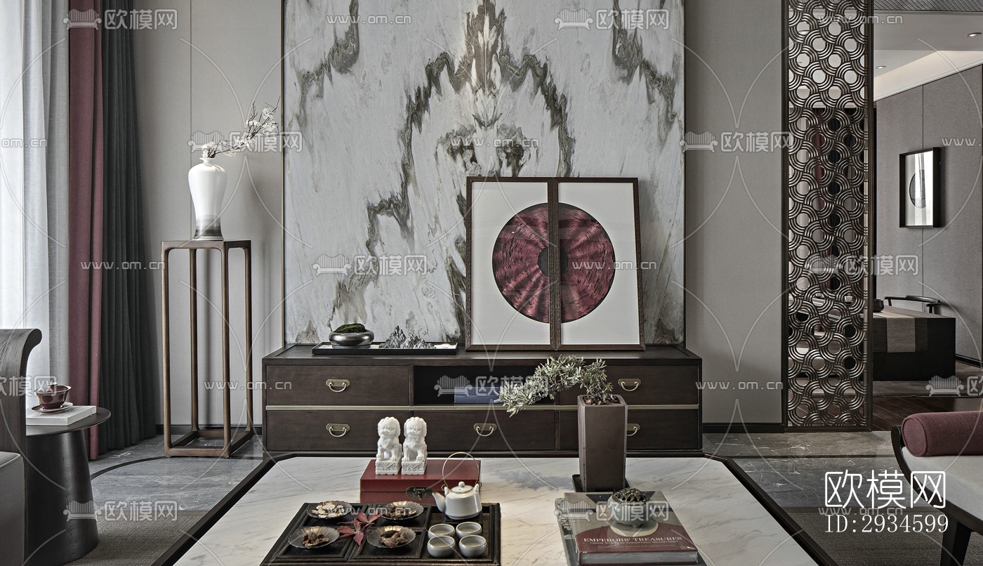 新中式平层效果图下载（渲染图19）