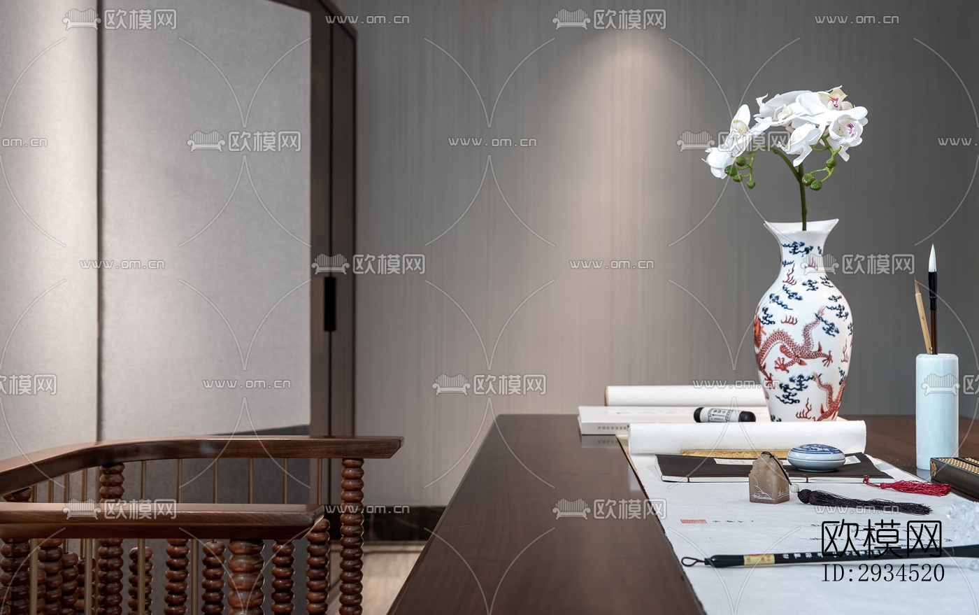 新中式平层效果图下载（渲染图4）