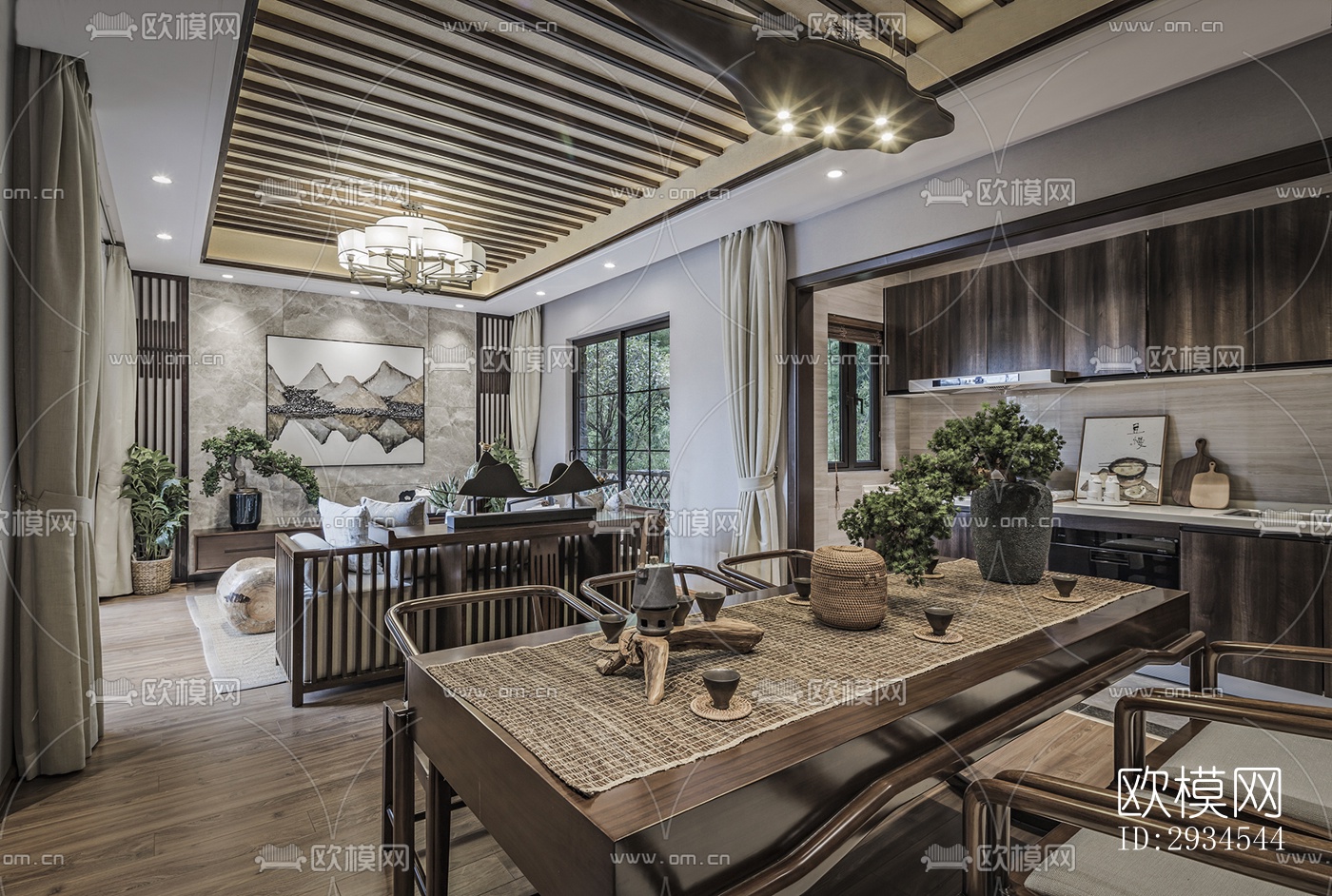 新中式平层效果图下载（渲染图3）