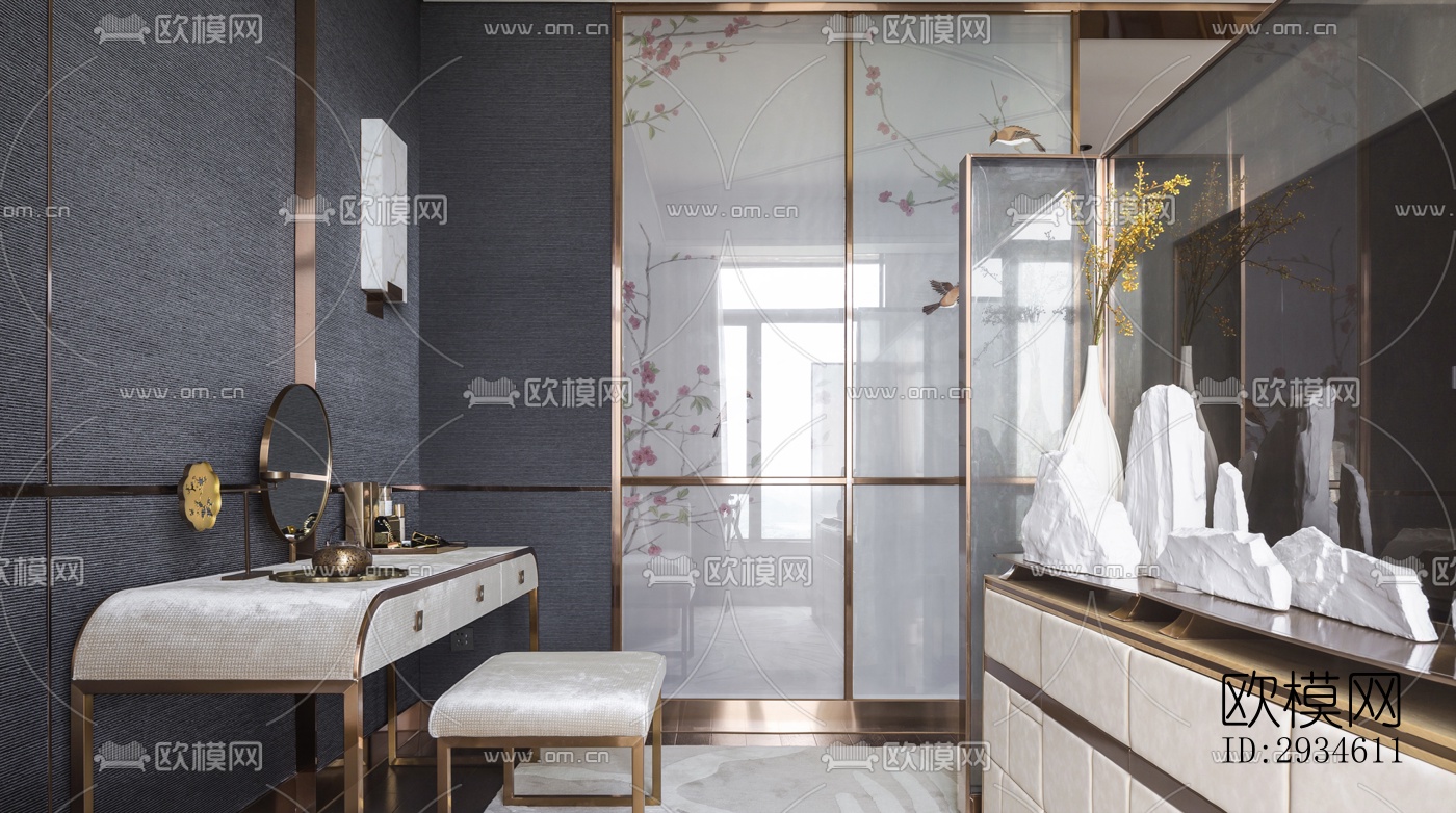 新中式平层效果图下载（渲染图11）