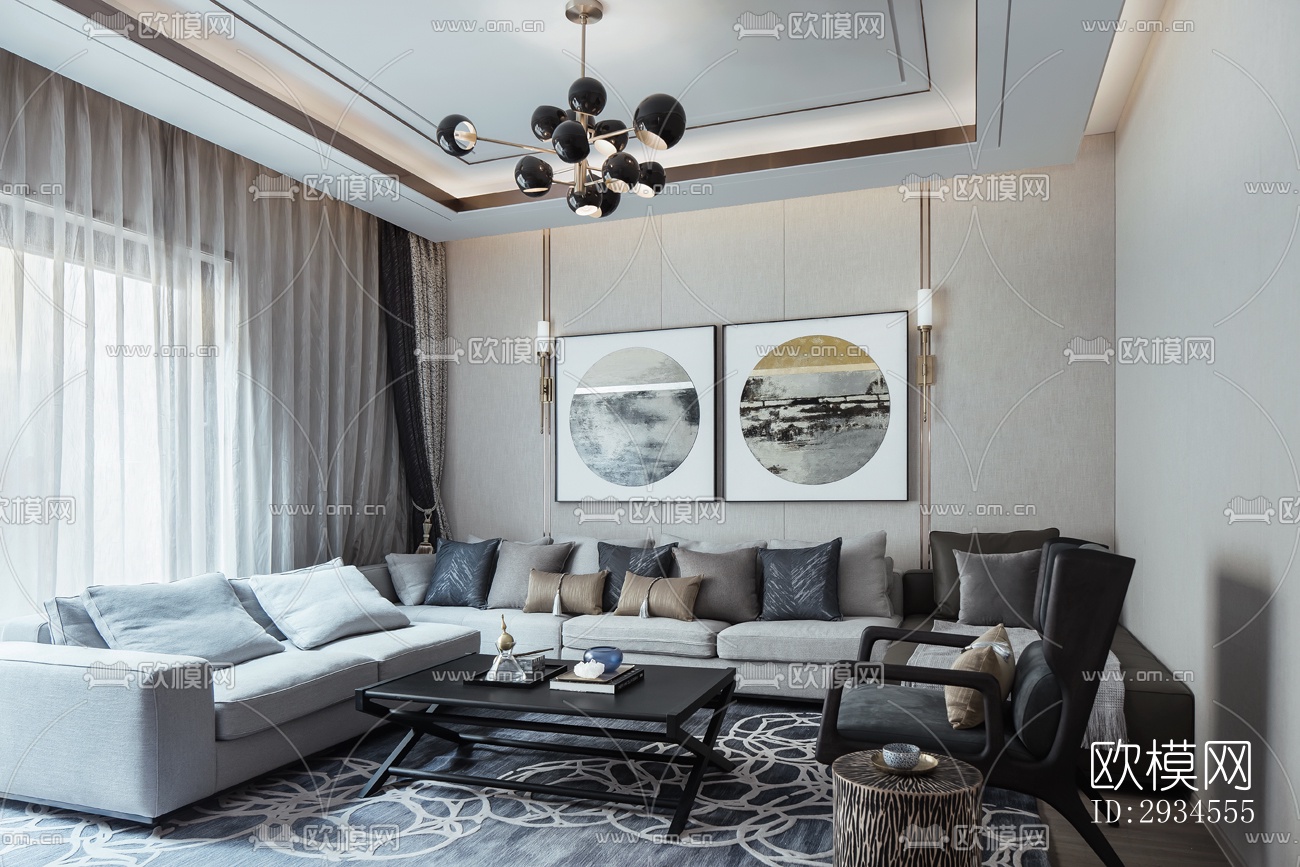 新中式平层效果图下载（渲染图14）