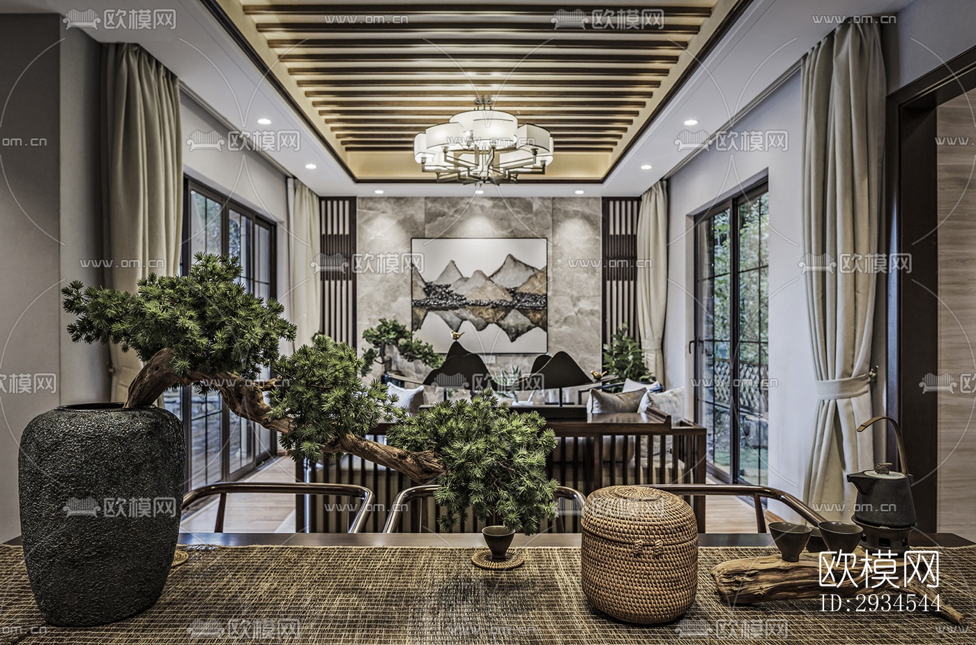 新中式平层效果图下载（渲染图14）