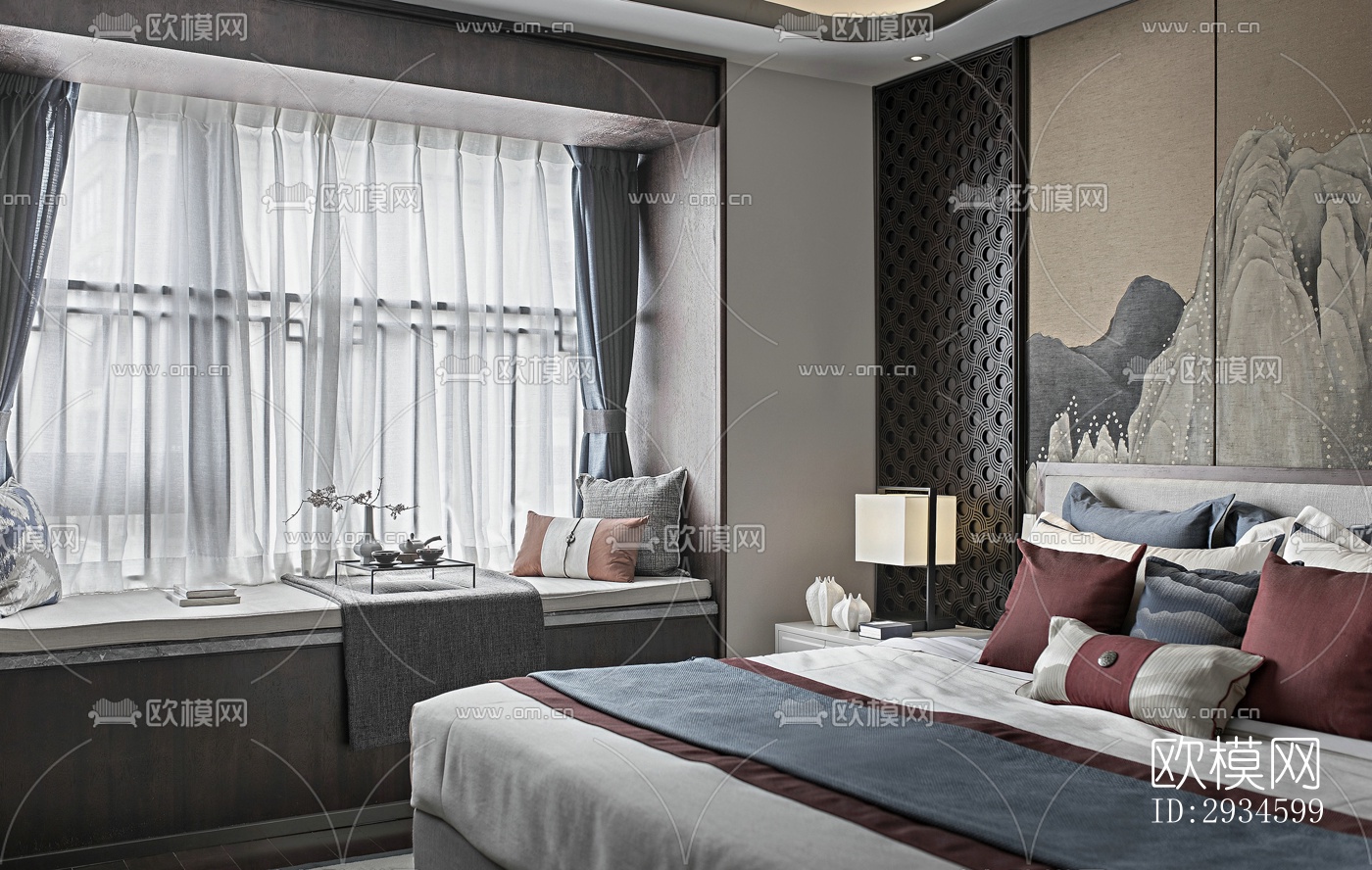 新中式平层效果图下载（渲染图11）