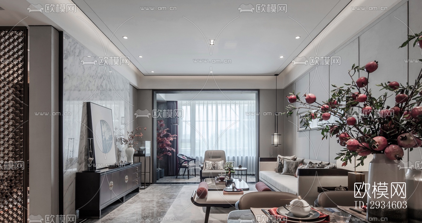 新中式平层效果图下载（渲染图1）