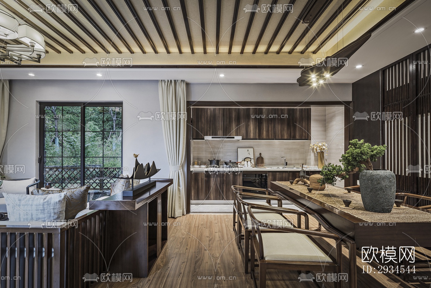 新中式平层效果图下载（渲染图2）